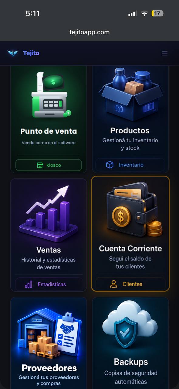Menú real del panel web de Tejito desde el celular